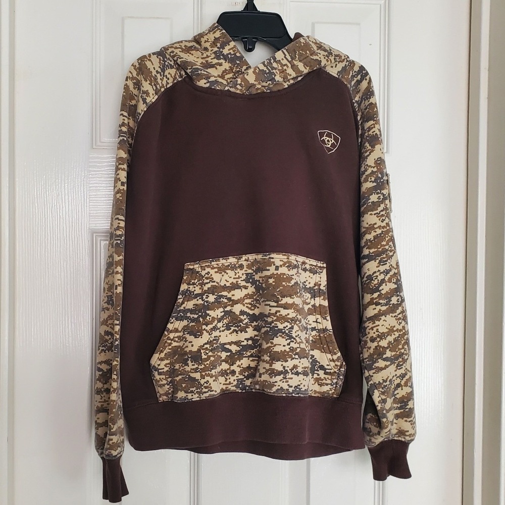 Ariat Hoodie Brown Digital Camo Pullover Logo Western Sweatshirt Kids Size S 8